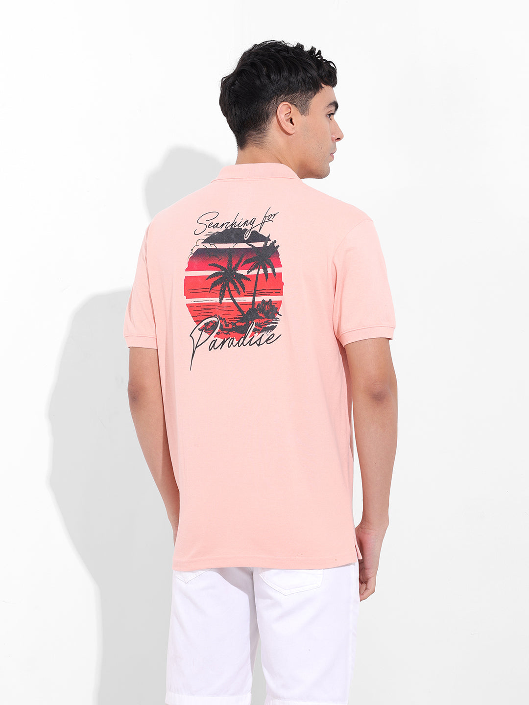 Men's Pink Slim Fit Graphic Back Printed Polo Collar T-shirt