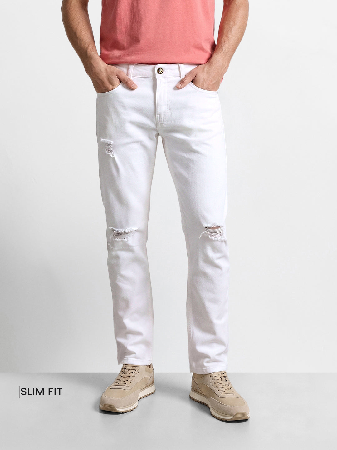 Men's White Slim Fit Solid Casual Jeans