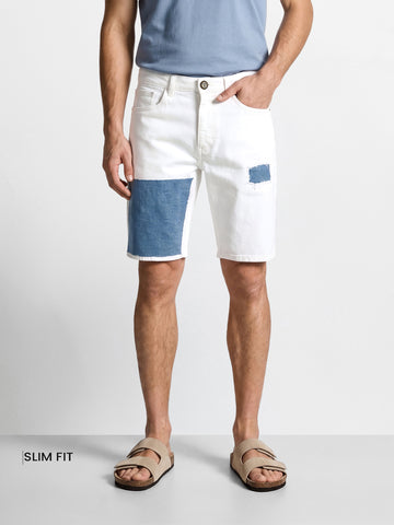 Men's White Slim Fit Colourblocked Casual Shorts