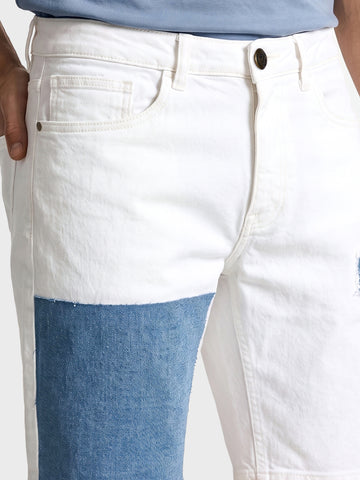 Men's White Slim Fit Colourblocked Casual Shorts