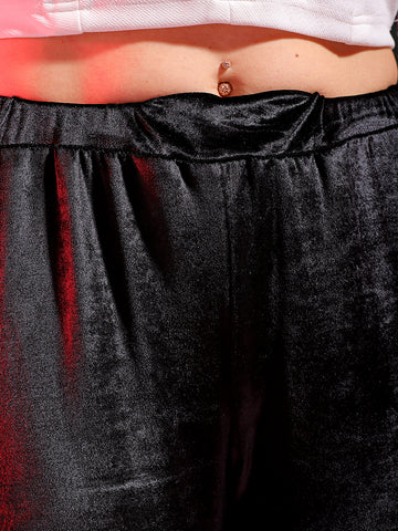 Women's Black Regular Fit Solid Velvet Bootcut Trousers