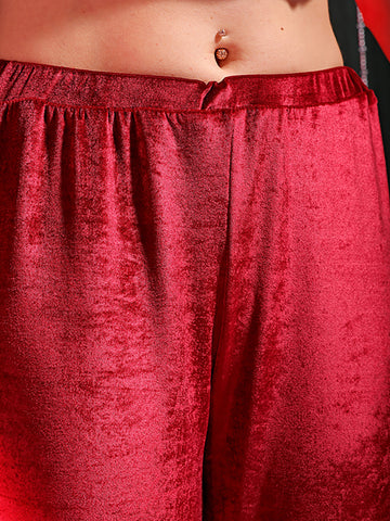 Women's Red Regular Fit Solid Velvet Bootcut Trousers