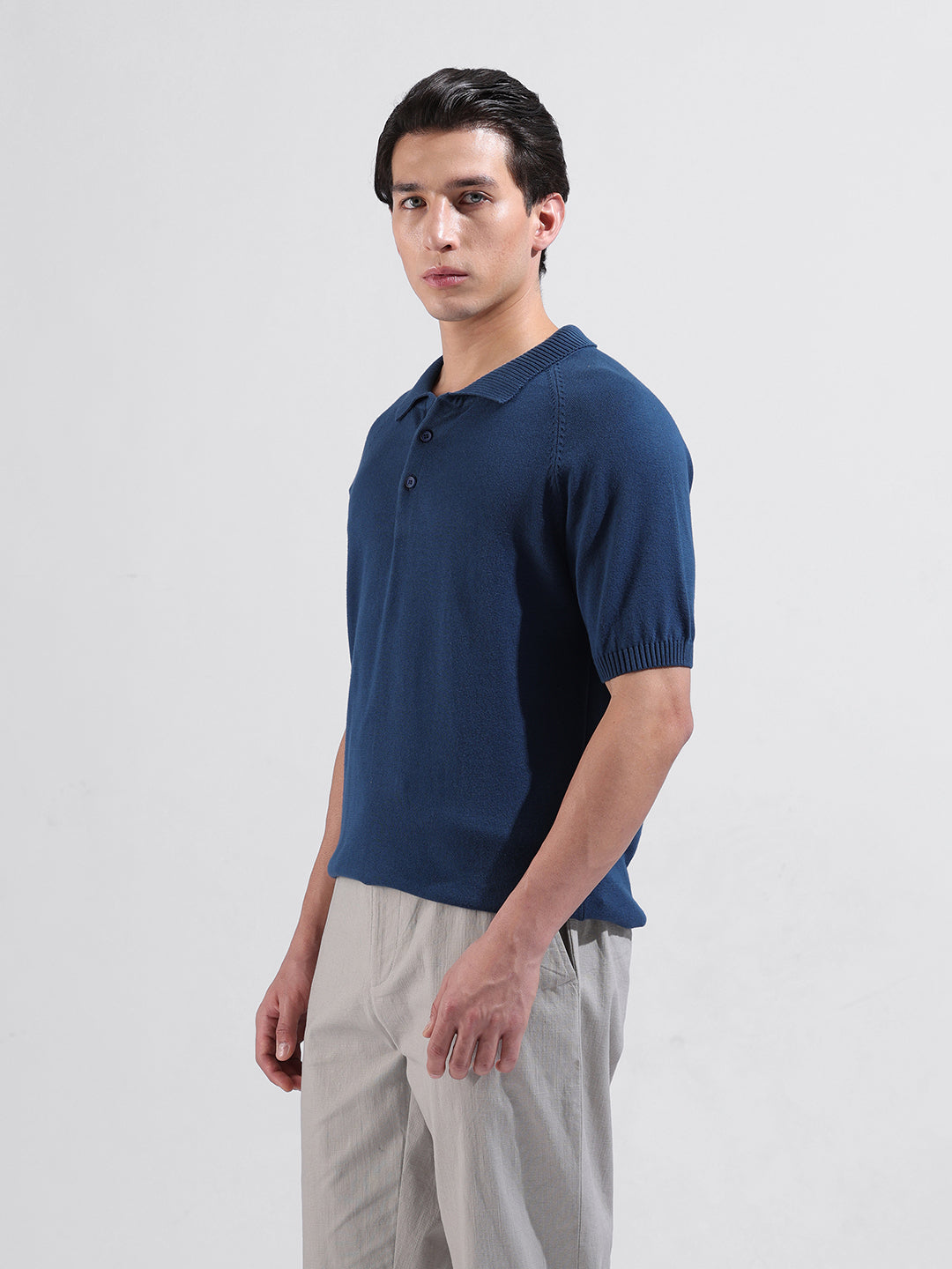 Men's Teal Slim Fit Textured Flat Knit Polo Collar T-Shirt