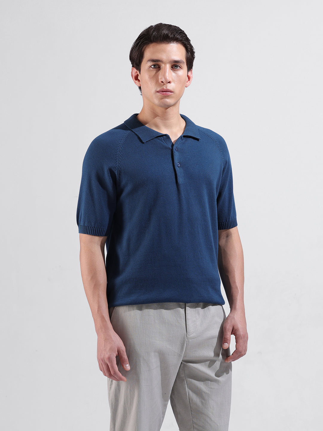 Men's Teal Slim Fit Textured Flat Knit Polo Collar T-Shirt