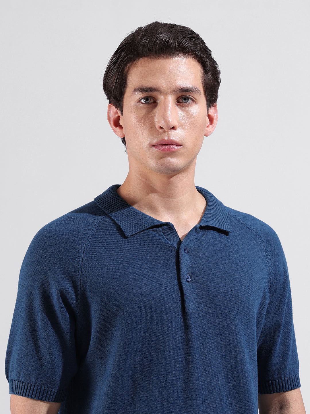Men's Teal Slim Fit Textured Flat Knit Polo Collar T-Shirt