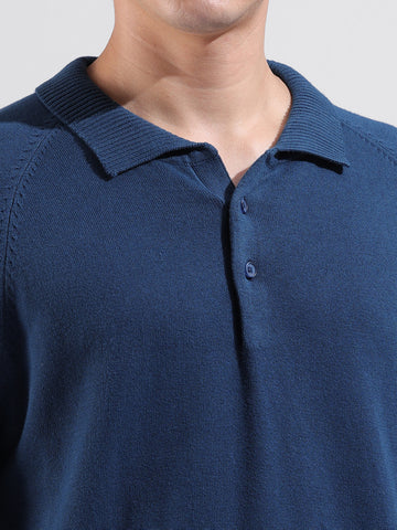 Men's Teal Slim Fit Textured Flat Knit Polo Collar T-Shirt