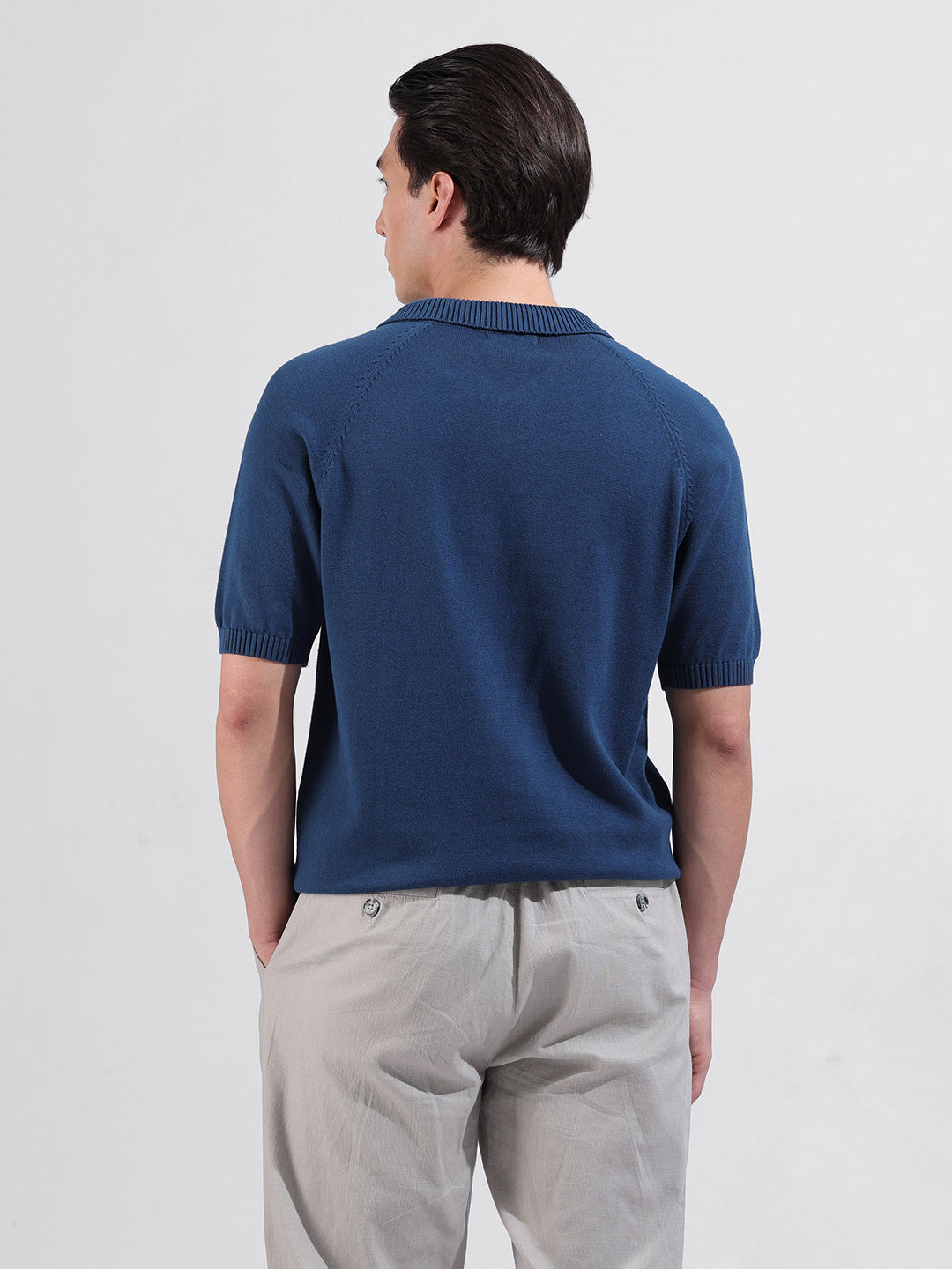 Men's Teal Slim Fit Textured Flat Knit Polo Collar T-Shirt