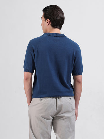 Men's Teal Slim Fit Textured Flat Knit Polo Collar T-Shirt