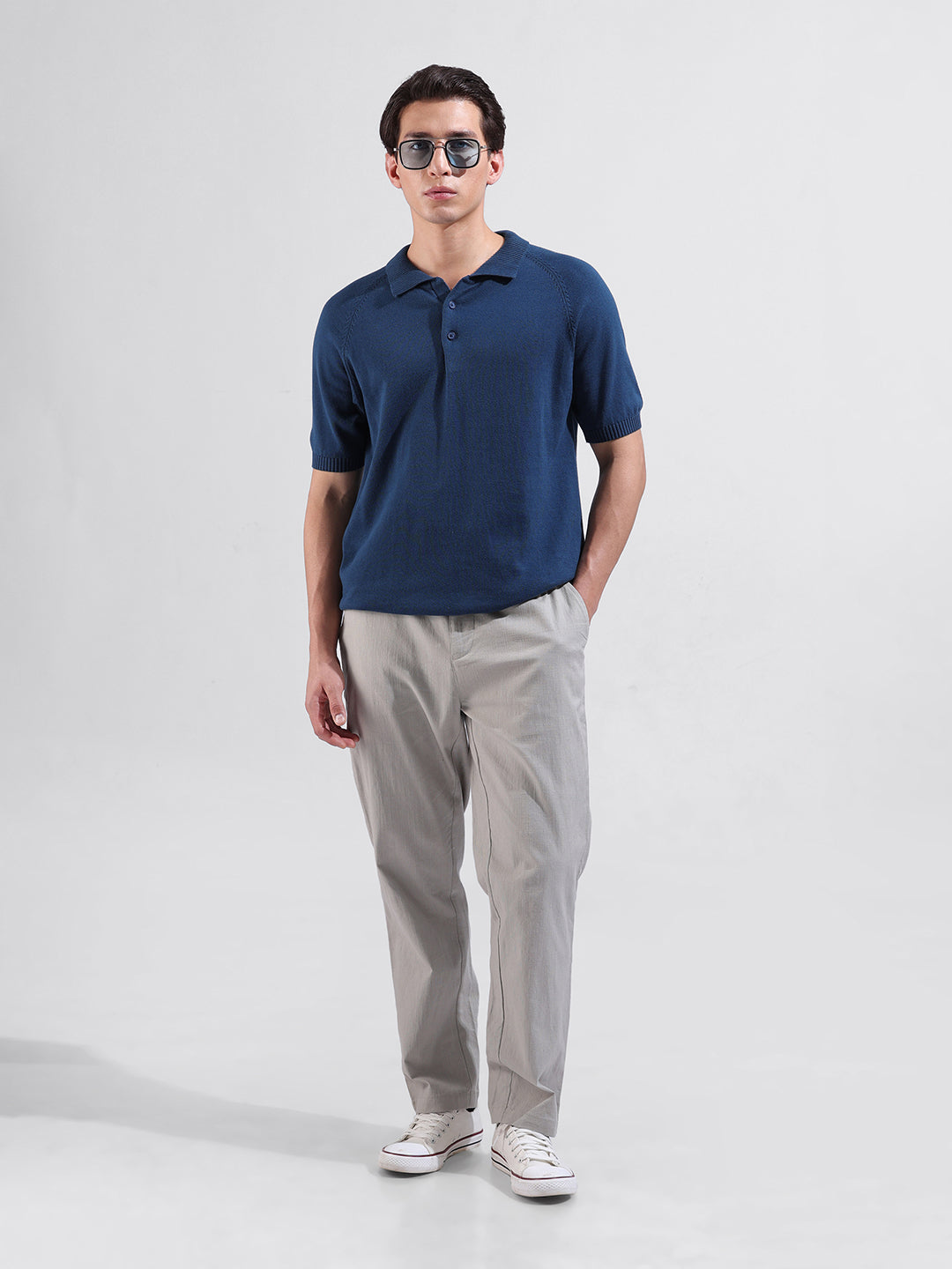 Men's Teal Slim Fit Textured Flat Knit Polo Collar T-Shirt