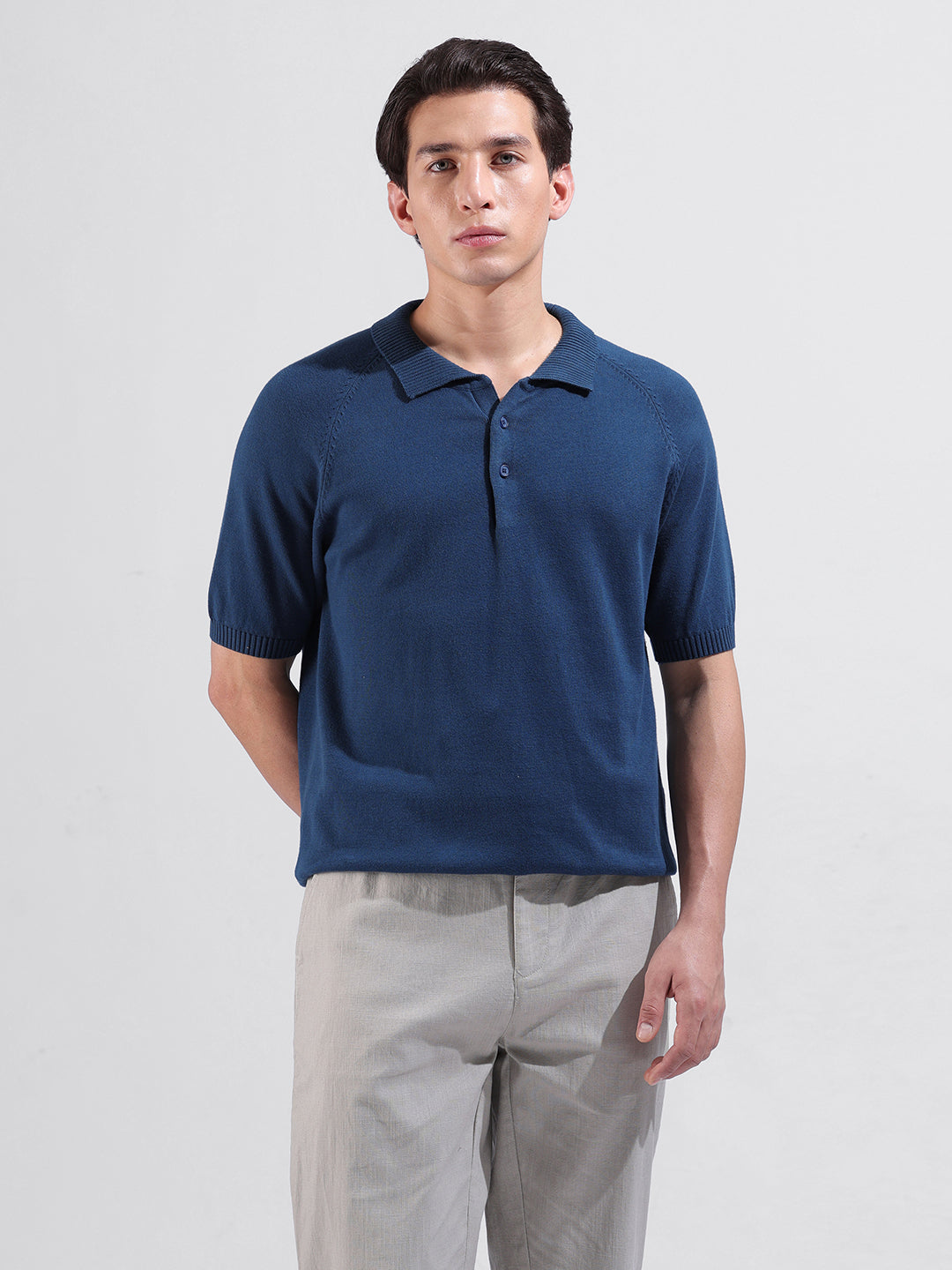 Men's Teal Slim Fit Textured Flat Knit Polo Collar T-Shirt