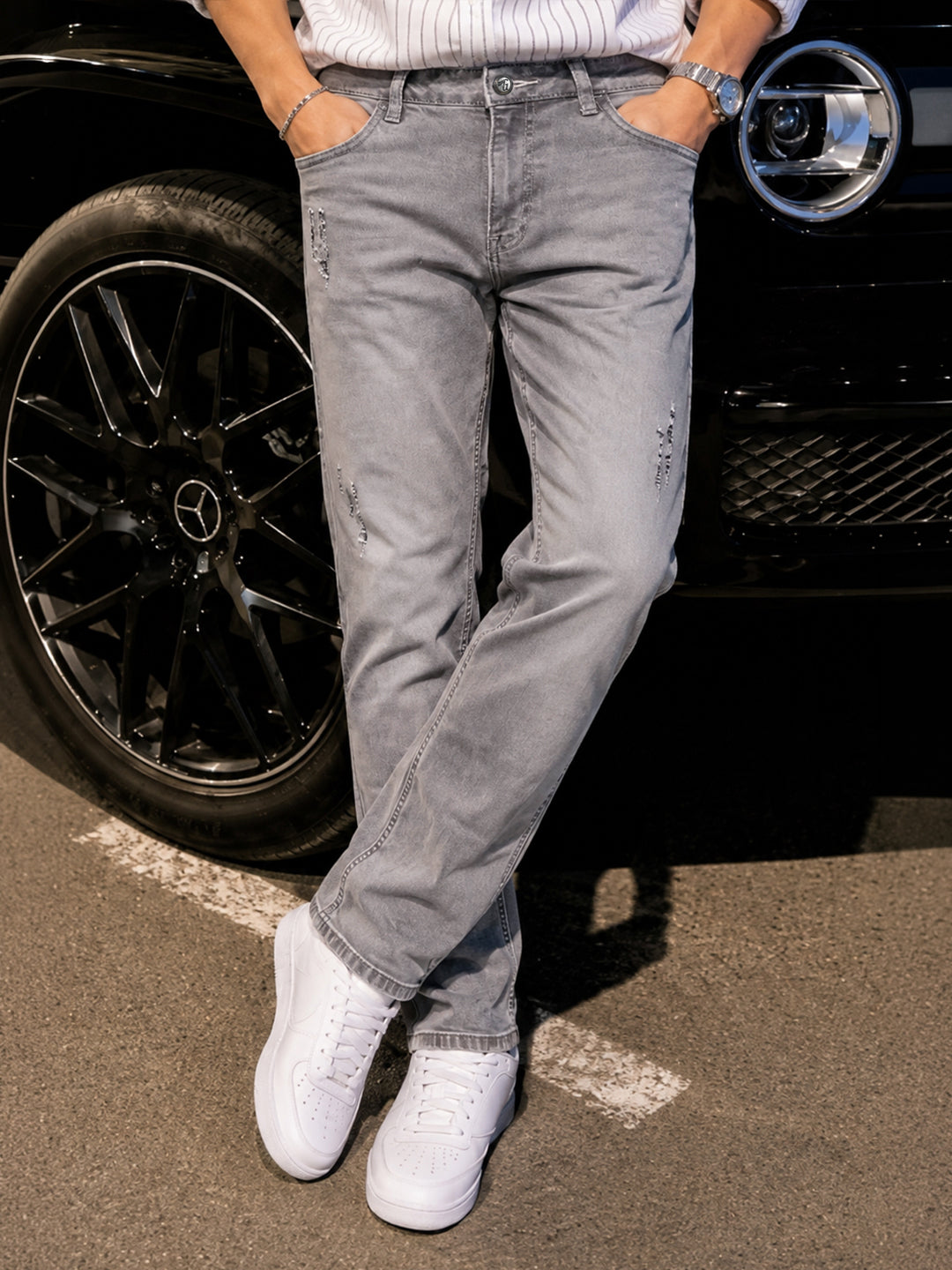 Men's Grey Straight Fit Solid Street Wear Jeans