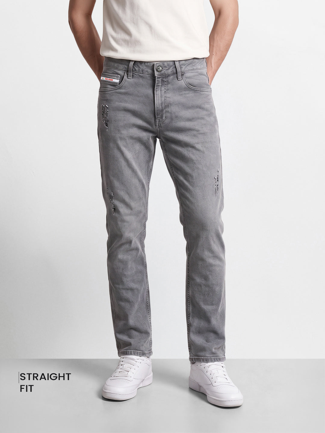 Men's Grey Straight Fit Solid Street Wear Jeans