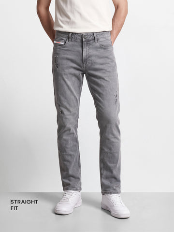 Men's Grey Straight Fit Solid Street Wear Jeans