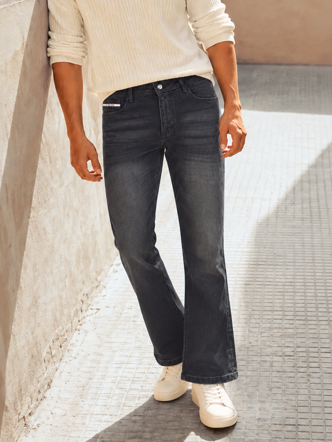 Men's Grey Bootcut Fit Solid Casual Jeans