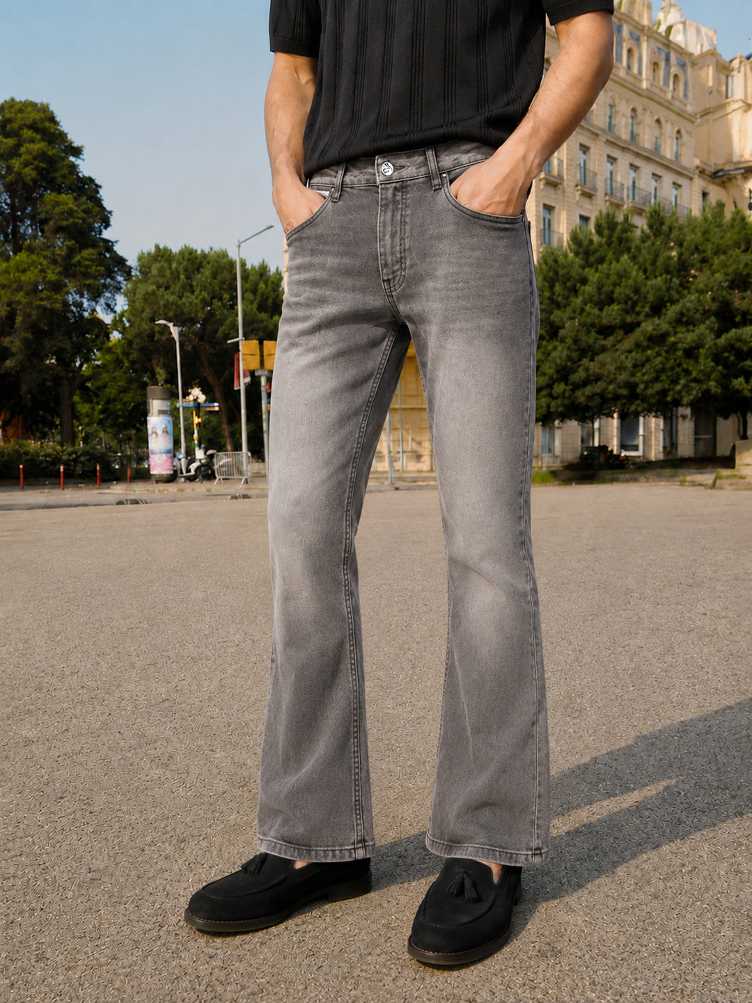 Men's Grey Bootcut Fit Solid Casual Jeans