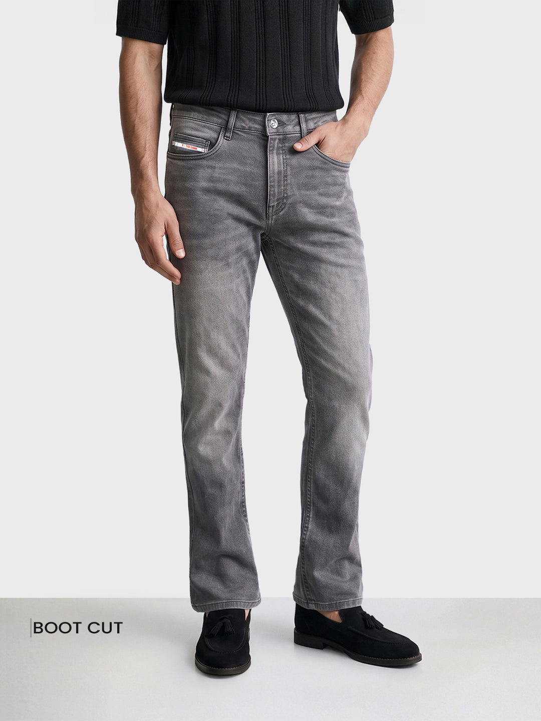 Men's Grey Bootcut Fit Solid Casual Jeans