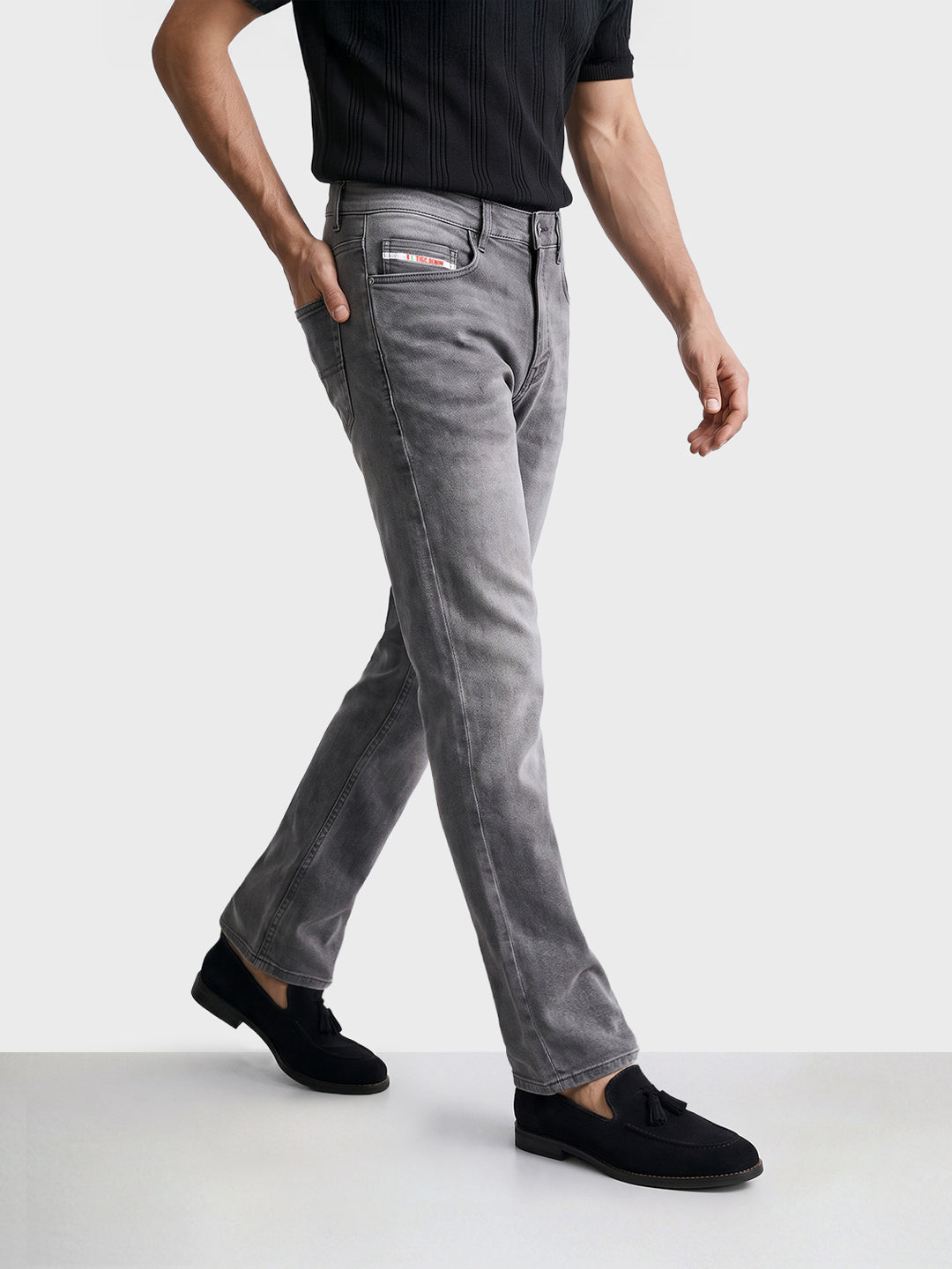 Men's Grey Bootcut Fit Solid Casual Jeans