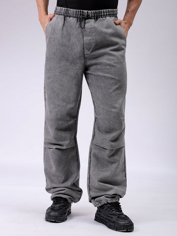Men's Grey Baggy Solid Mid-Rise Denim Joggers