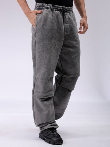 Men's Grey Baggy Solid Mid-Rise Denim Joggers