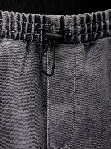 Men's Grey Baggy Solid Mid-Rise Denim Joggers