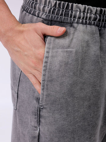 Men's Grey Baggy Solid Mid-Rise Denim Joggers