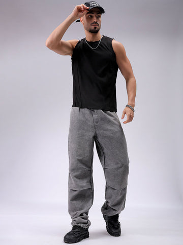 Men's Grey Baggy Solid Mid-Rise Denim Joggers