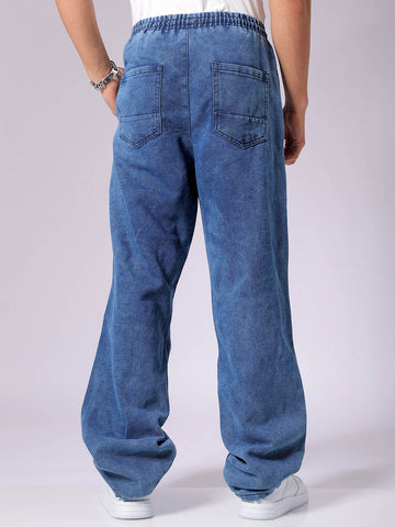 Men's Blue Baggy Solid Mid-Rise Denim Joggers