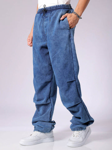 Men's Blue Baggy Solid Mid-Rise Denim Joggers