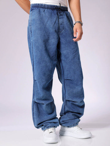 Men's Blue Baggy Solid Mid-Rise Denim Joggers