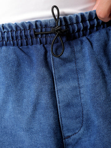 Men's Blue Baggy Solid Mid-Rise Denim Joggers