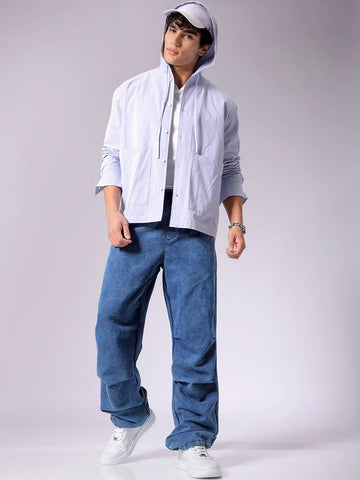 Men's Blue Baggy Solid Mid-Rise Denim Joggers