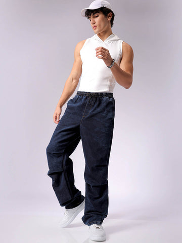 Men's Blue Baggy Solid Mid-Rise Denim Joggers