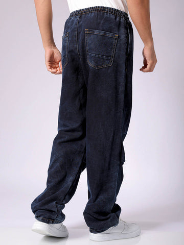 Men's Blue Baggy Solid Mid-Rise Denim Joggers