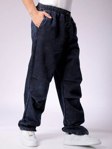 Men's Blue Baggy Solid Mid-Rise Denim Joggers