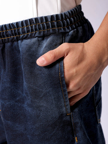 Men's Blue Baggy Solid Mid-Rise Denim Joggers