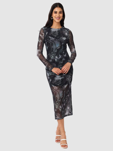 Women Black Fit Grey Long Sleeves Dress