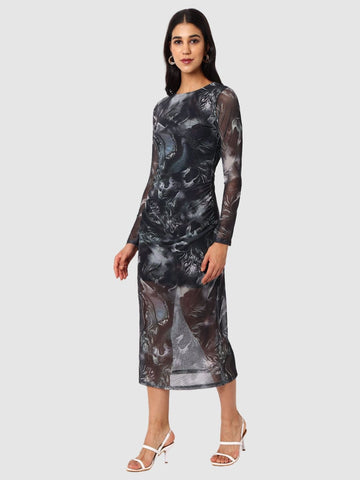 Women Black Fit Grey Long Sleeves Dress