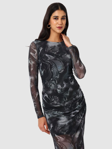 Women Black Fit Grey Long Sleeves Dress