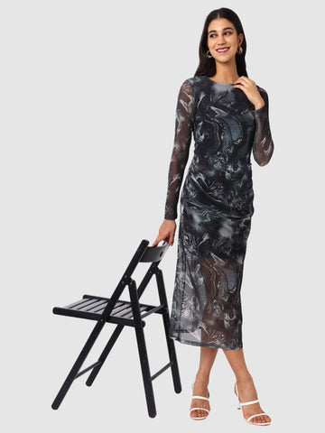 Women Black Fit Grey Long Sleeves Dress