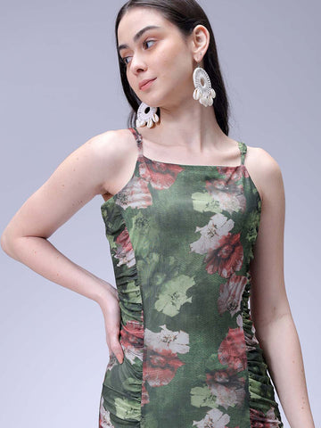 Women's Green Fitted Floral Gathered Dress