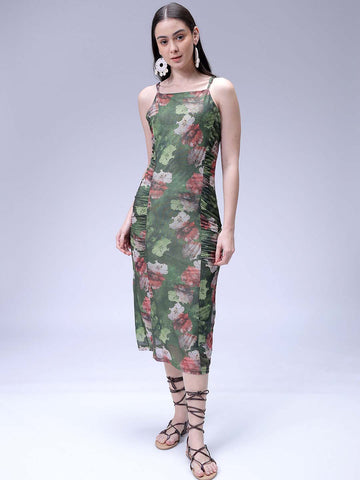Women's Green Fitted Floral Gathered Dress