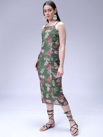 Women's Green Fitted Floral Gathered Dress