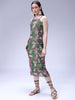 Women's Green Fitted Floral Gathered Dress