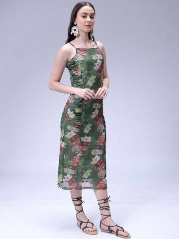 Women's Green Fitted Floral Gathered Dress