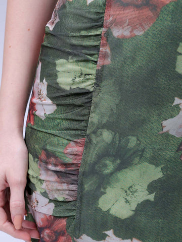 Women's Green Fitted Floral Gathered Dress