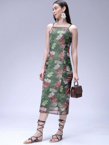 Women's Green Fitted Floral Gathered Dress