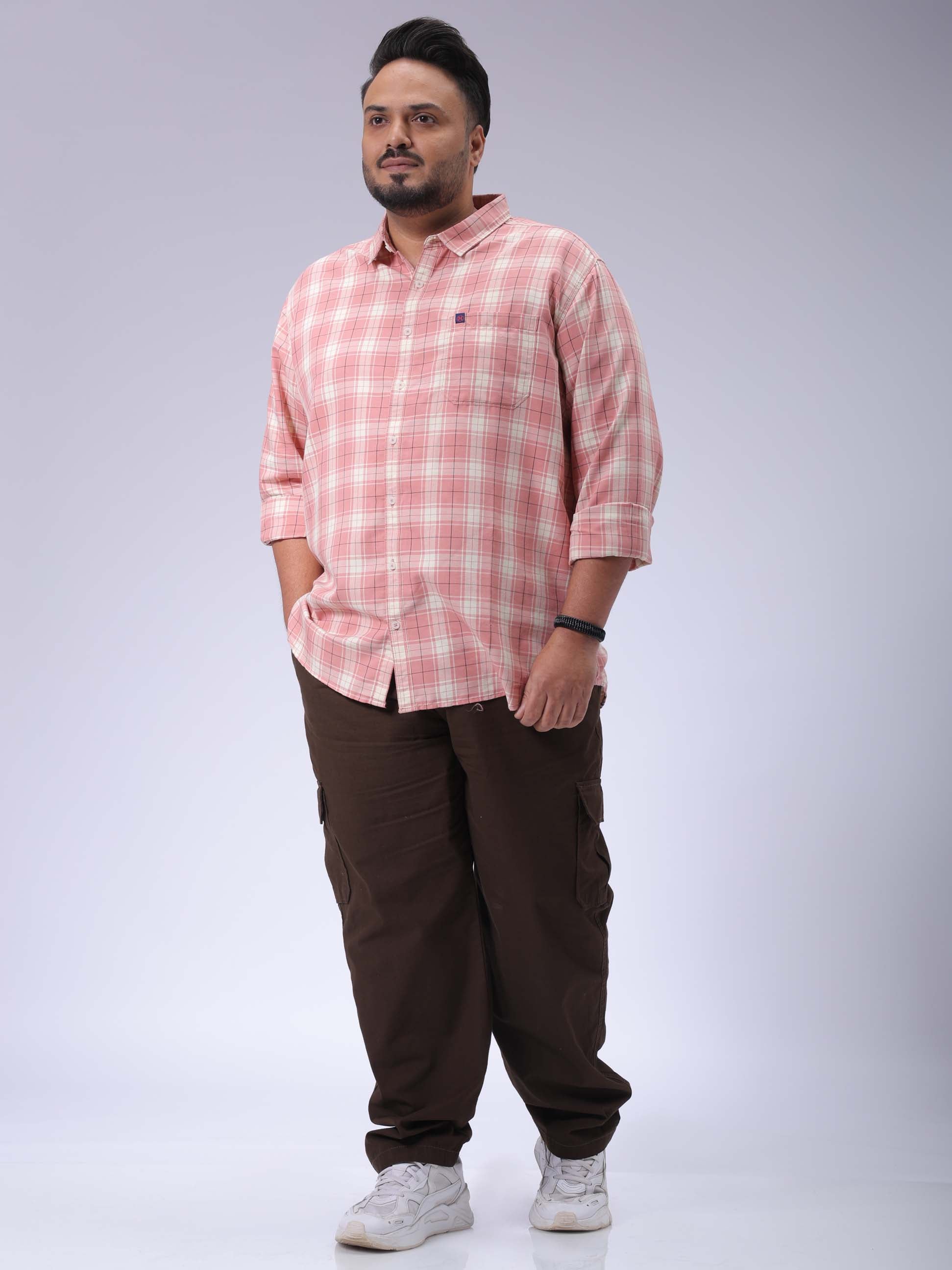 Men's Plus Size Pink Regular Fit Checked Casual Shirt