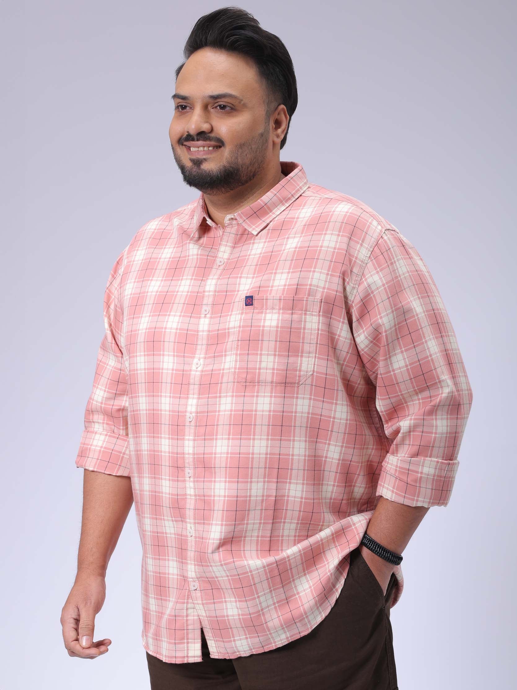 Men's Plus Size Pink Regular Fit Checked Casual Shirt