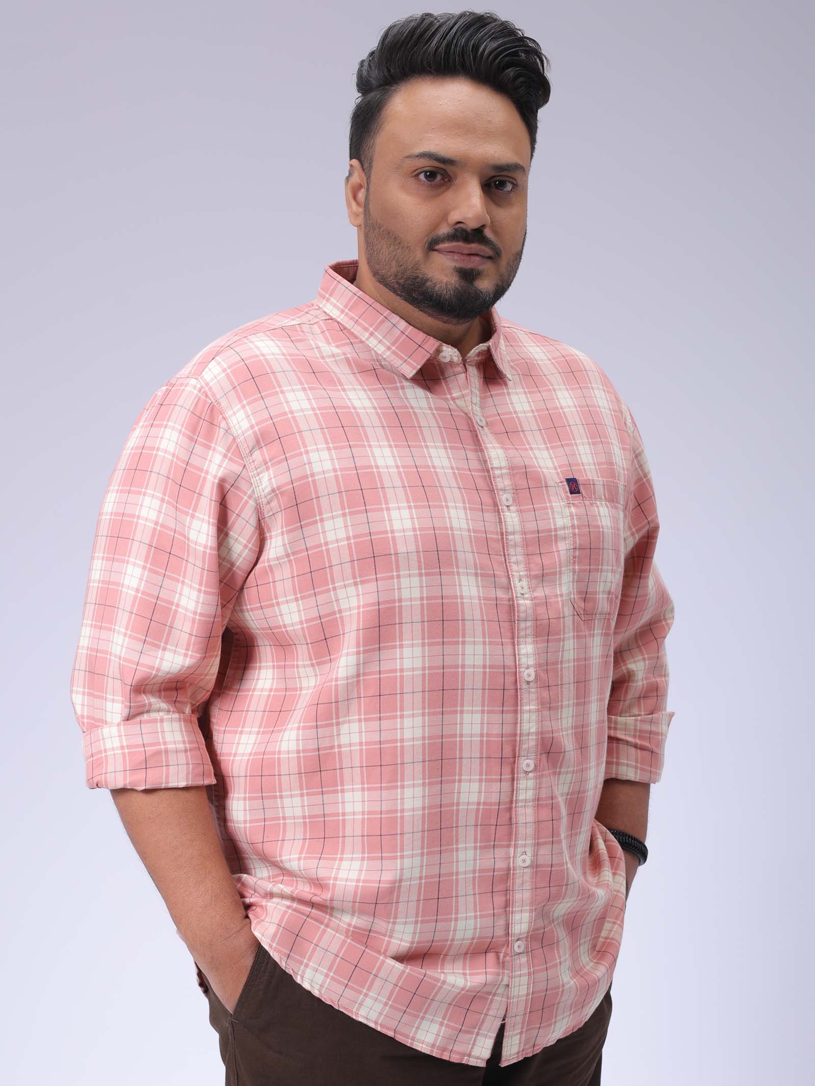 Men's Plus Size Pink Regular Fit Checked Casual Shirt