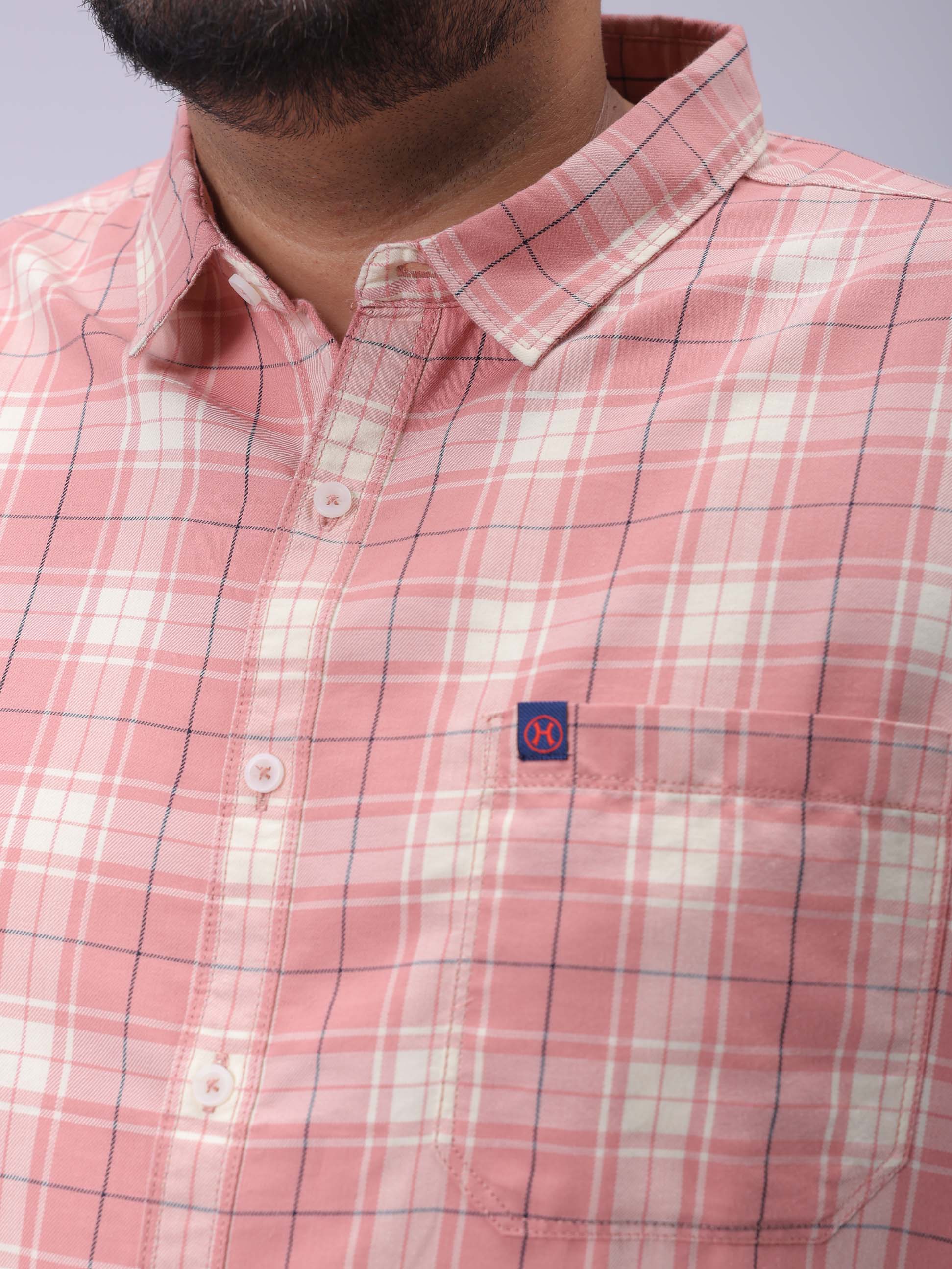 Men's Plus Size Pink Regular Fit Checked Casual Shirt